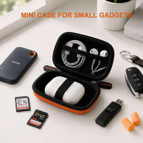 Solid Orange Mini Hard Shell Earbud Case Portable Rectangle Carrying Pouch with earbuds and cables visible inside.