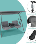 Two Seat Outdoor Patio Swing Chair With Canopy And Cooler Removable Cushions Weather Resistant Steel Frame Heavy Duty Hanging Porch Swing In Gray For Deck Or Garden Chill Vibe with swivel arm, soft cushions, anti-skid foot pad details