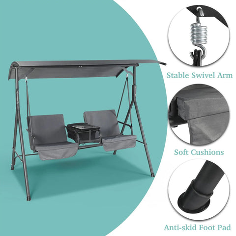 Two Seat Outdoor Patio Swing Chair With Canopy And Cooler Removable Cushions Weather Resistant Steel Frame Heavy Duty Hanging Porch Swing In Gray For Deck Or Garden Chill Vibe with swivel arm, soft cushions, anti-skid foot pad details