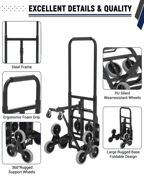 Heavy Duty Stair Climbing Hand Truck With Adjustable Support Arm Dual Rated Load Up To 550 Lbs On Flat And 330 Lbs On Stairs Steel Frame Dolly For Easy Hauling, black steel frame with PU wheels