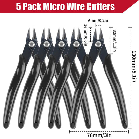 Five Pack Micro Wire Cutters Set, Five Inch Flush Cutters Pliers, Diagonal Side Cutters Nippers for Electronics, Black