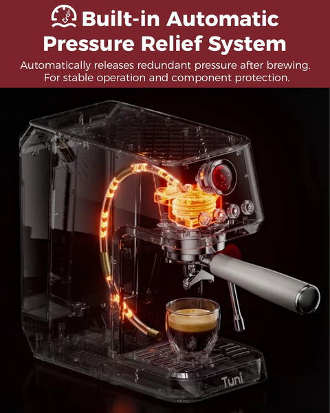 Top Shelf Dual Boiler Espresso Machine With 58 MM Commercial Brew Head And Powerful Steam Wand For Killer Crema And Easy Home Barista Shots In Classic Ivory showing built-in automatic pressure relief system.