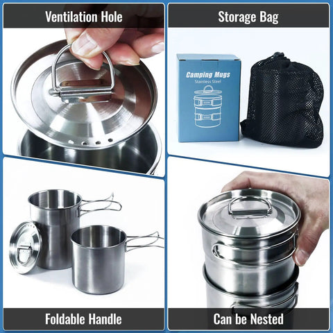 Two In One Camping Cup Set With 33oz Big Cup And 24oz Small Cup, 304 Stainless Steel Food Grade Cups, Vented Lid, Stackable