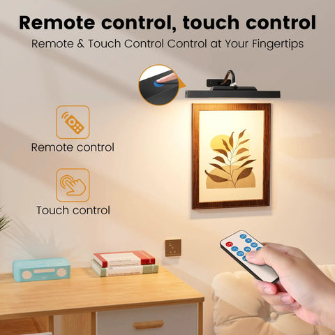 Rechargeable 12 Inch Wireless Picture Light With Dimmable LED illuminating wall art with remote and touch control shown.