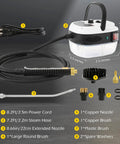 Heavy Duty Handheld Steam Cleaner 2500 Watt with hose, nozzles, and attachments for efficient car detailing and home cleaning.