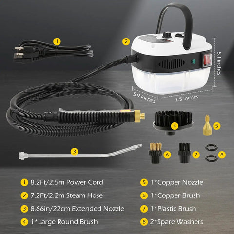 Heavy Duty Handheld Steam Cleaner 2500 Watt with hose, nozzles, and attachments for efficient car detailing and home cleaning.