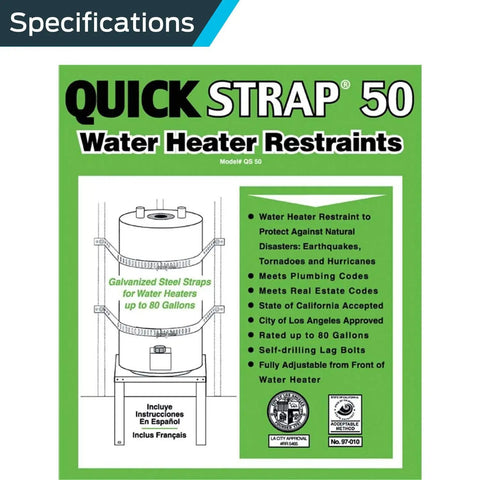 QS-50 80 Gallon Water Heater Restraint System With Front-Adjust Quick Link package showing safety features