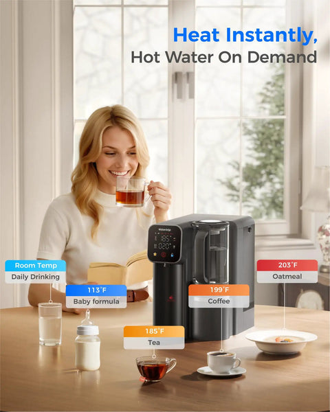 Woman using Instant Hot Reverse Osmosis Countertop Water Filter With Seven Stage Filtration and Hot Water Dispenser