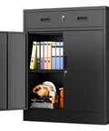Front view of a Beefy Heavy Duty Metal Storage Cabinet With One Drawer And Adjustable Shelf For Garage Office Or Home Locking Short Cabinet In Black Built To Last For Tools And Gear 36 Inch H By 27.5 Inch W By 16 Inch D, holding folders and tools.