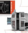 Side view of Alternator Replacement For Nissan Titan 2004 2006, Pathfinder Armada 2004 2006, Armada 2005 2006, Infiniti QX56 2004 2006 5.6L V8 12V 130A 7 Groove Pulley Clockwise Rotation Replace 23100 8S100 OEM Grade Plug And Play Workhorse with packaging