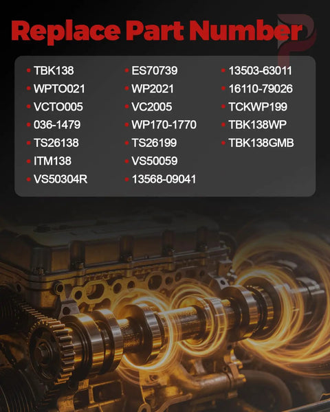 Thinking Process: Subaru timing belt kit replacement part numbers list over engine camshaft illustration