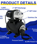 Beefy Shallow Well Pump For Home Gardens, 1.6 HP Motor, Stainless Steel, Matte Black, 115V, with labeled components