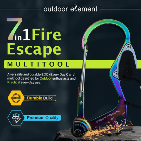 Colorful 7-in-1 Fire Escape Multitool with carabiner, displayed on a display stand, labeled for durability and premium quality.