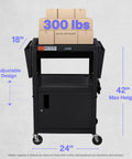 Adjustable Height Rolling AV Cart Mobile Workstation With Drop Leaf Shelves Pullout Keyboard Tray Locking Steel Cabinet And Built In Power Strip For Classroom And Office Use Fits 24 To 42 Inch Displays Black, front view with dimension markers