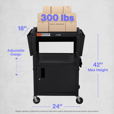 Adjustable Height Rolling AV Cart Mobile Workstation With Drop Leaf Shelves Pullout Keyboard Tray Locking Steel Cabinet And Built In Power Strip For Classroom And Office Use Fits 24 To 42 Inch Displays Black, front view with dimension markers