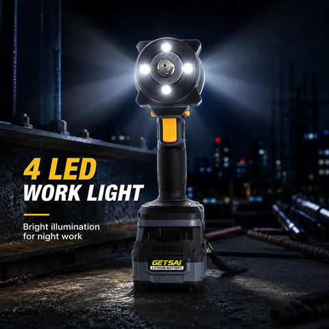 Badass 1/2 Inch Cordless Impact Wrench Brings 1400Nm Beefy Torque And 1033 Ft Lbs With Brushless Motor Two Battery Packs And Ten Sockets Built Tough For Pickup Trucks And Garage Grind No Sweat with 4 LED work light.