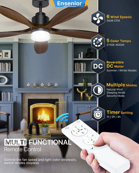 Living room with 52 Inch Ceiling Fan With Remote And Light, Five CCT Options, Dimmable LED, 1200 Lumens, Five Wood Blades, Black Finish