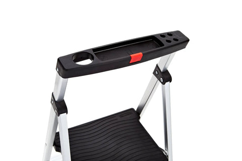Three Step Aluminum Step Ladder With Built In Project Tray, 225 Pound Capacity, Lightweight Yet Durable, Auto Lock Safety, Grab And Go Ready To Use Right Out Of The Box, Portable Home Or Garage Ladder For Tasks, top tray detail