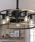 20 Inch Industrial Cage Ceiling Fan with 7 ABS Blades in black with wooden accents and exposed bulbs, ideal for indoor use.
