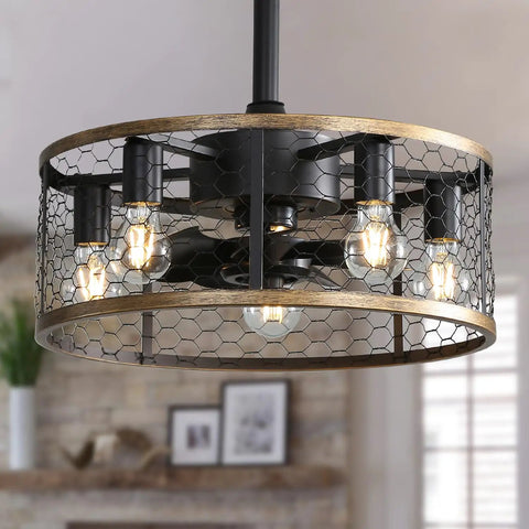 20 Inch Industrial Cage Ceiling Fan with 7 ABS Blades in black with wooden accents and exposed bulbs, ideal for indoor use.