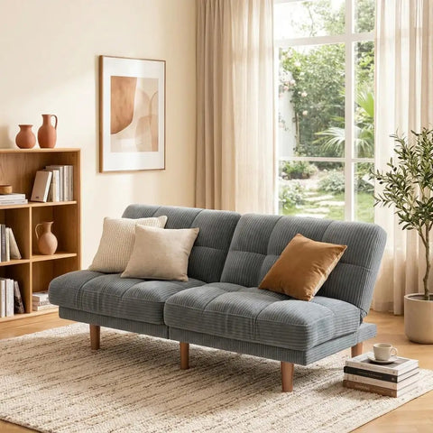 65 Inch Convertible Futon Sofa Bed With Adjustable Backrest Corduroy Grey Upholstery, Ergonomic Three In One Couch That Feels Cozy, Reclines And