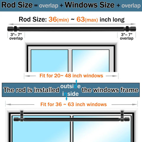Diagram showing Adjustable Curtain Rod 36 To 63 Inches Black Three Quarter Inch Pole Fits Windows And Patio Easy To Install