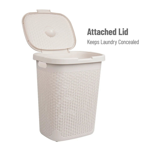 Slim Laundry Hamper With Lid 50L Capacity Clothes Basket In Ivory Plastic With A Wicker Look Durable Portable Laundry Organizer