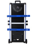 Built Tough Miter Saw Stand And Five In One Folding Portable Workbench With Telescoping Height Legs And Smooth Roll Caster Wheels For Woodworking And Masonry In Blue, vertical view with height gauge and adjustable supports.