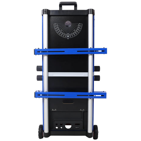 Built Tough Miter Saw Stand And Five In One Folding Portable Workbench With Telescoping Height Legs And Smooth Roll Caster Wheels For Woodworking And Masonry In Blue, vertical view with height gauge and adjustable supports.
