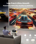 Man watching ultra smooth 4K racing game projection using Ultra Bright 4K WiFi And Bluetooth Smart Projector With 60W Dolby Audio And AI Auto Focus