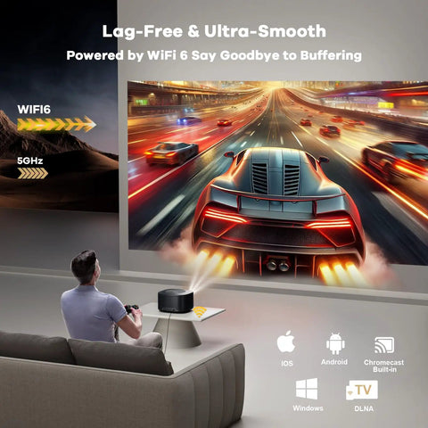 Man watching ultra smooth 4K racing game projection using Ultra Bright 4K WiFi And Bluetooth Smart Projector With 60W Dolby Audio And AI Auto Focus