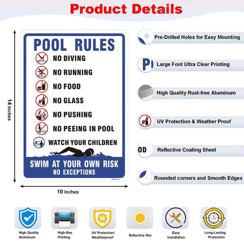 Two Pack Pool Rules Signs Keep It Safe No Diving No Running Swim At Your Own Risk Warning Sign 14 By 10 Inch Reflective Aluminum Weatherproof UV Protected