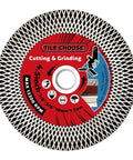 Close-up of Four And A Half Inch Pro Grade Diamond Tile Blade With Flange For Wet Or Dry Cutting And Grinding on tiles.