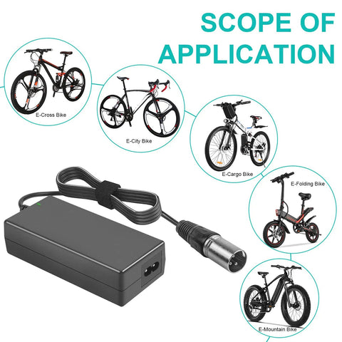 60W Lithium Scooter Battery Charger for LASHOUT Electric Bike and Mobility Chairs with images of compatible e-bikes