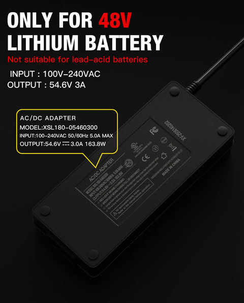 Fast 54.6V 3A Electric Bike Charger For 48V Lithium Batteries With Dual AC DC Power Adapter UL And CE Listed Compatible With 54.6V Systems And Models Like RX R S2 Easy Plug In Safe Charging For Your E Bike