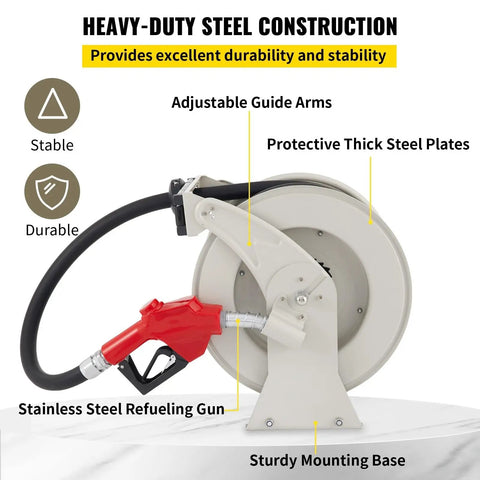 Heavy Duty 50 Ft Retractable Fuel Hose Reel With Auto Refueling Gun For Diesel And Gasoline Transfer showcasing steel construction and refueling gun.