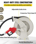 Heavy Duty Retractable Fuel Hose Reel With No Sweat Auto Refueling Gun For Diesel Gasoline And Water 66 Ft with sturdy base and stainless steel gun.