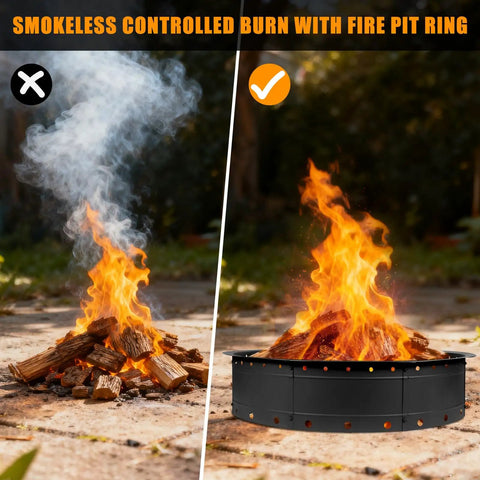 Comparison of smoky and smokeless fires with the 36 Inch Smokeless Fire Pit Ring For Patio And Backyard Large Outdoor Campfire Pit In Black Steel.
