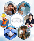 Ten Pack Anti Fog Lab Goggles Over Glasses Safety Eyewear surrounded by diverse individuals experiencing eye irritation.