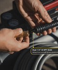 Kink Free Hybrid Air Compressor Hose Three Eighth By Fifty Foot Dual Quarter Inch Male Npt showing durable brass fittings and hybrid connector.