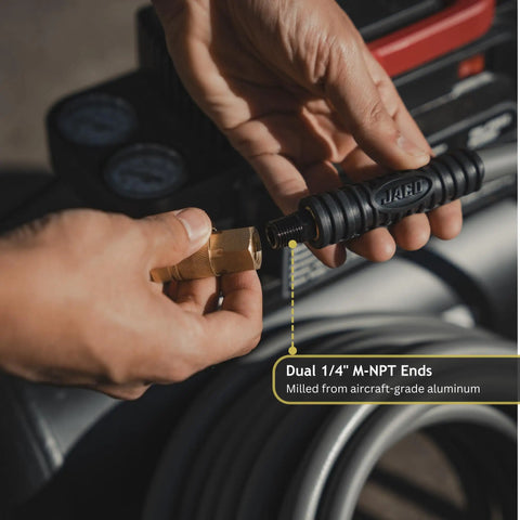 Kink Free Hybrid Air Compressor Hose Three Eighth By Fifty Foot Dual Quarter Inch Male Npt showing durable brass fittings and hybrid connector.