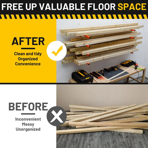 Heavy Duty Wall Mount Lumber Rack Solid Steel Wood Organizer Four Tier Garage Storage Shelf Handles Eight Hundred Pounds built for tidy organization.
