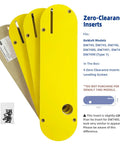 Badass Zero Clearance Inserts For DeWalt Table Saws With Riving Knife Slot And Offset Hardware Delivers Hella Smooth Cuts Zero Tearout Risk And Top Tier Finish Quality In A Heavy Duty Four Pack, four yellow inserts with screws.