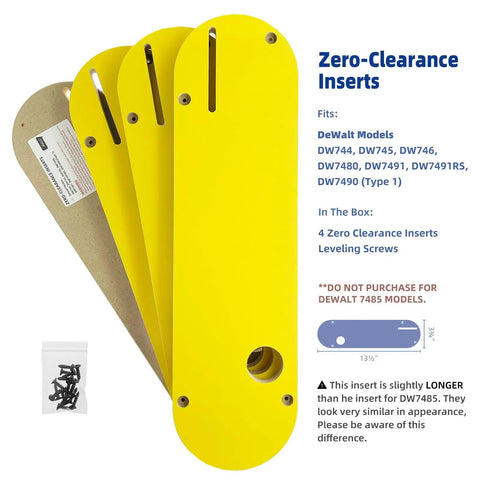 Badass Zero Clearance Inserts For DeWalt Table Saws With Riving Knife Slot And Offset Hardware Delivers Hella Smooth Cuts Zero Tearout Risk And Top Tier Finish Quality In A Heavy Duty Four Pack, four yellow inserts with screws.