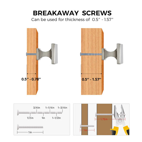 Diagram of 25 Pack Brushed Nickel Cabinet Knobs And Square Drawer Pulls showcasing breakaway screws for varying thickness installation.