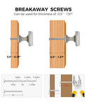 Breakaway screws for wood thicknesses of 0.5" to 1.57", showing installation instructions and dimensions.
