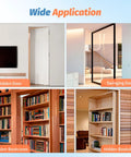 Wide application of Heavy Duty Hidden Door Hinge Kit With 570 Lbs Load Bearing, 360 Degree Swing Pivot Hinge, shown in different installations.