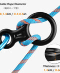 Black Lightweight 35kN Aluminum Figure 8 Descender Rigging Plate with blue rope, suitable for 8-13 mm ropes, detailed view.
