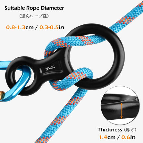 Black Lightweight 35kN Aluminum Figure 8 Descender Rigging Plate with blue rope, suitable for 8-13 mm ropes, detailed view.
