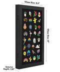Compact Wall Mounted Pin Display Case Black 15 By 8.5 Inch Collector Showcase Rack Holds Enamel Badges Medals And Treasures, displaying various colored enamel pins.